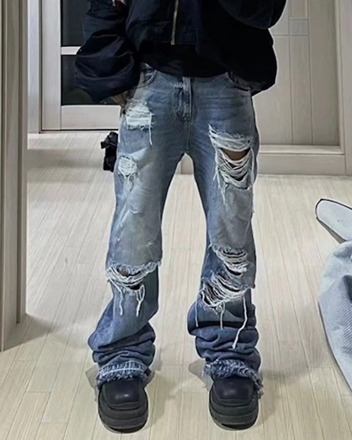 Ripped Wide Leg Flared Cat Whisker Jeans - Image 5