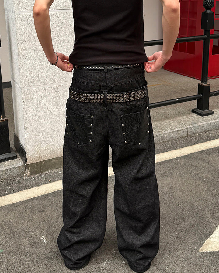 Rivet Patchwork Leather Panel Denim Pants - Image 10