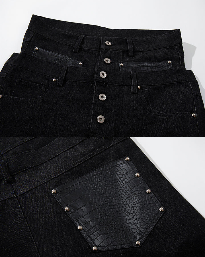 Rivet Patchwork Leather Panel Denim Pants - Image 11