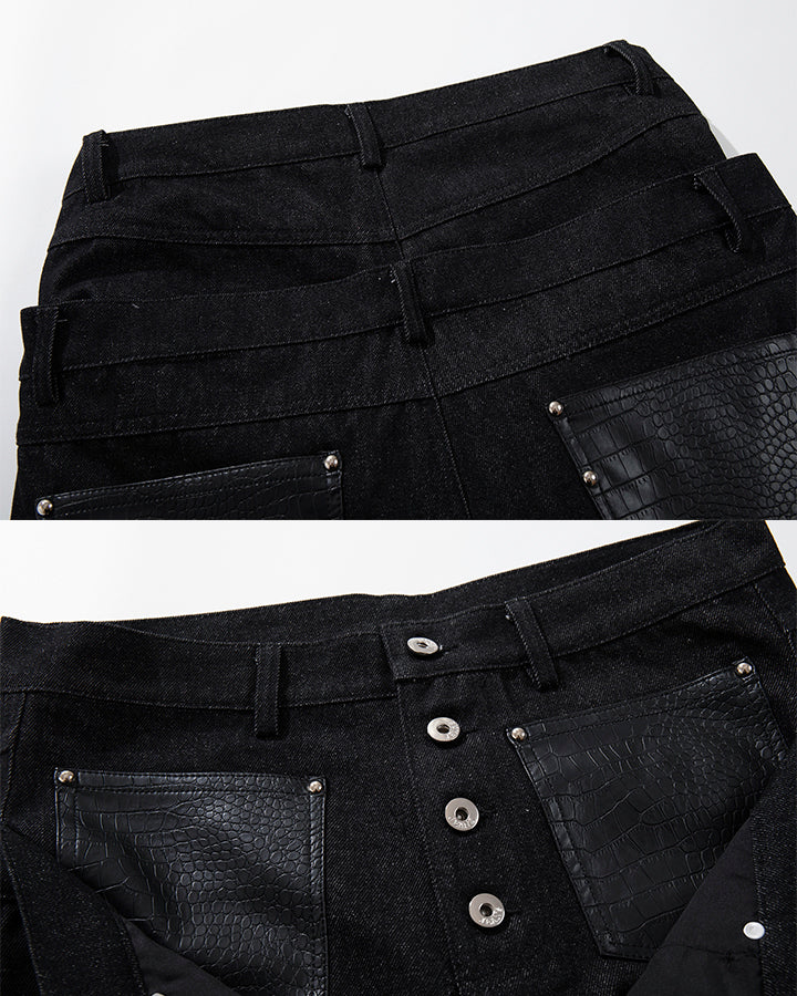 Rivet Patchwork Leather Panel Denim Pants - Image 12