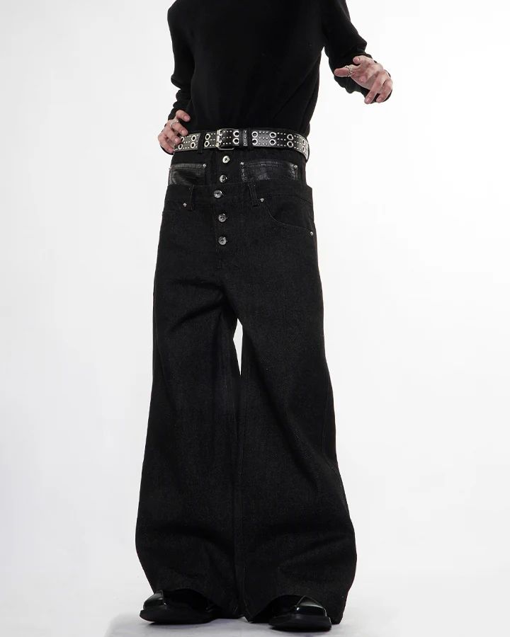 Rivet Patchwork Leather Panel Denim Pants - Image 2
