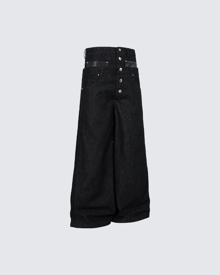 Rivet Patchwork Leather Panel Denim Pants - Image 3