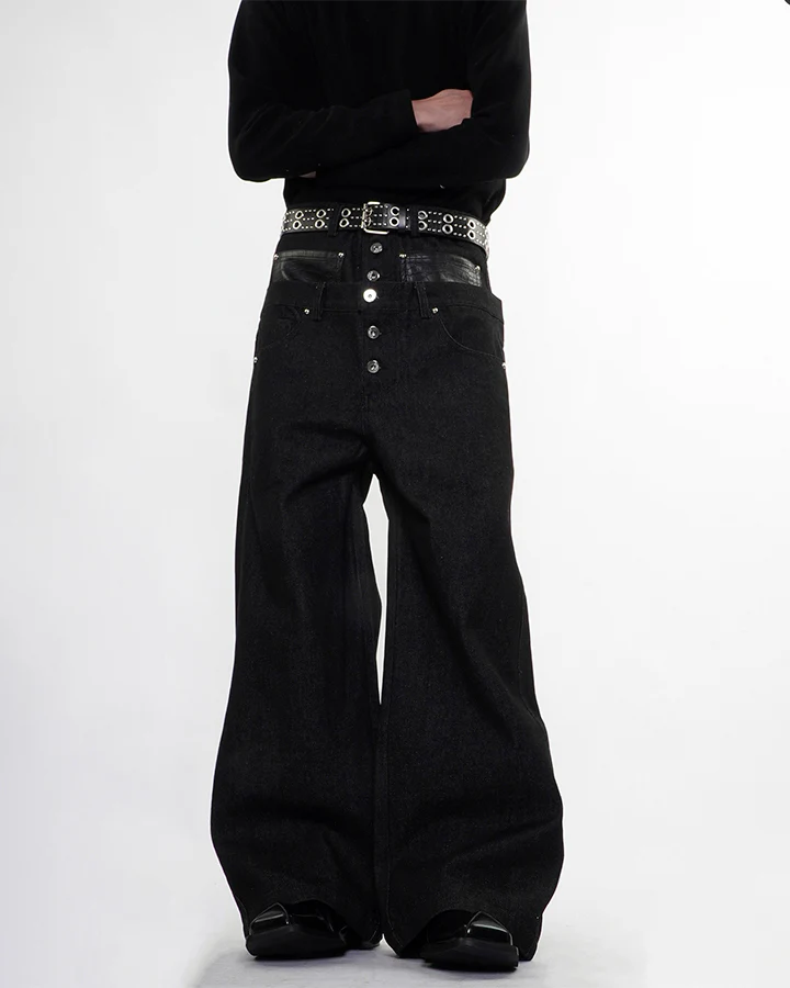 Rivet Patchwork Leather Panel Denim Pants - Image 4