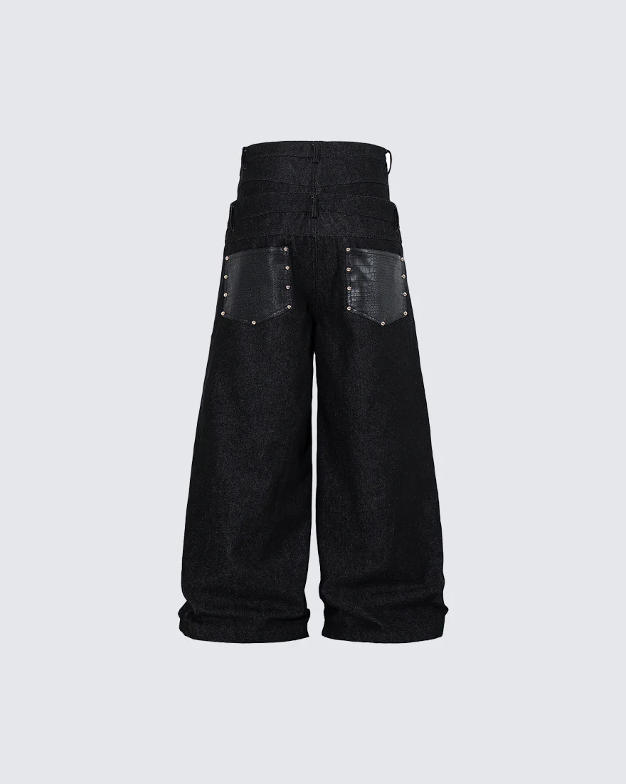Rivet Patchwork Leather Panel Denim Pants - Image 5