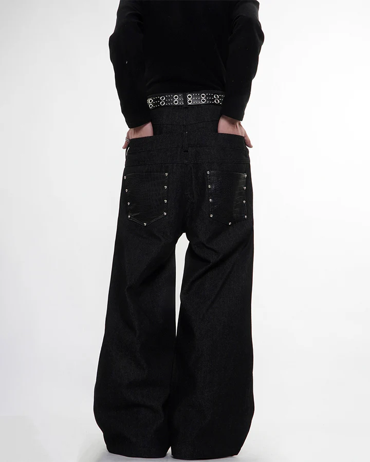 Rivet Patchwork Leather Panel Denim Pants - Image 6