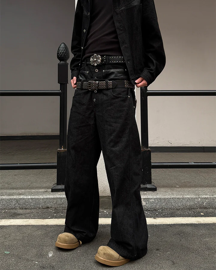 Rivet Patchwork Leather Panel Denim Pants - Image 8