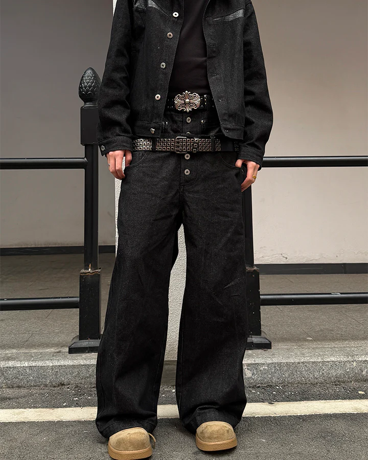 Rivet Patchwork Leather Panel Denim Pants - Image 9