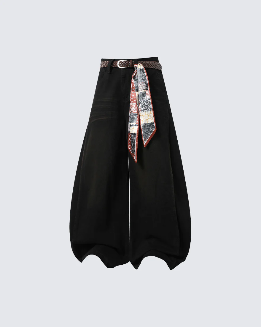 Scarf Belt Wide Leg Denim Pants - Image 2