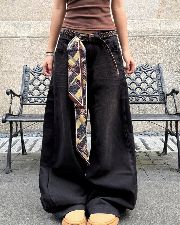 Scarf Belt Wide Leg Denim Pants - Image 3