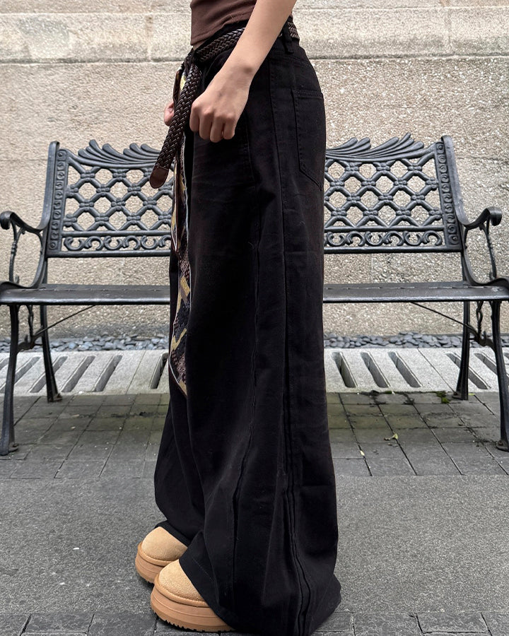 Scarf Belt Wide Leg Denim Pants - Image 4