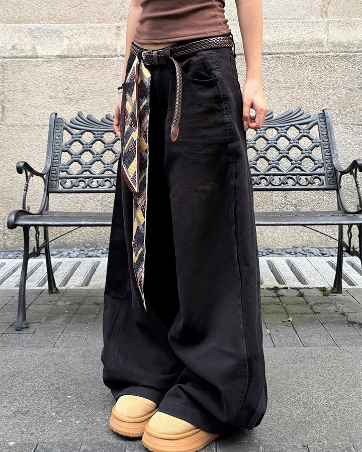Scarf Belt Wide Leg Denim Pants - Image 5