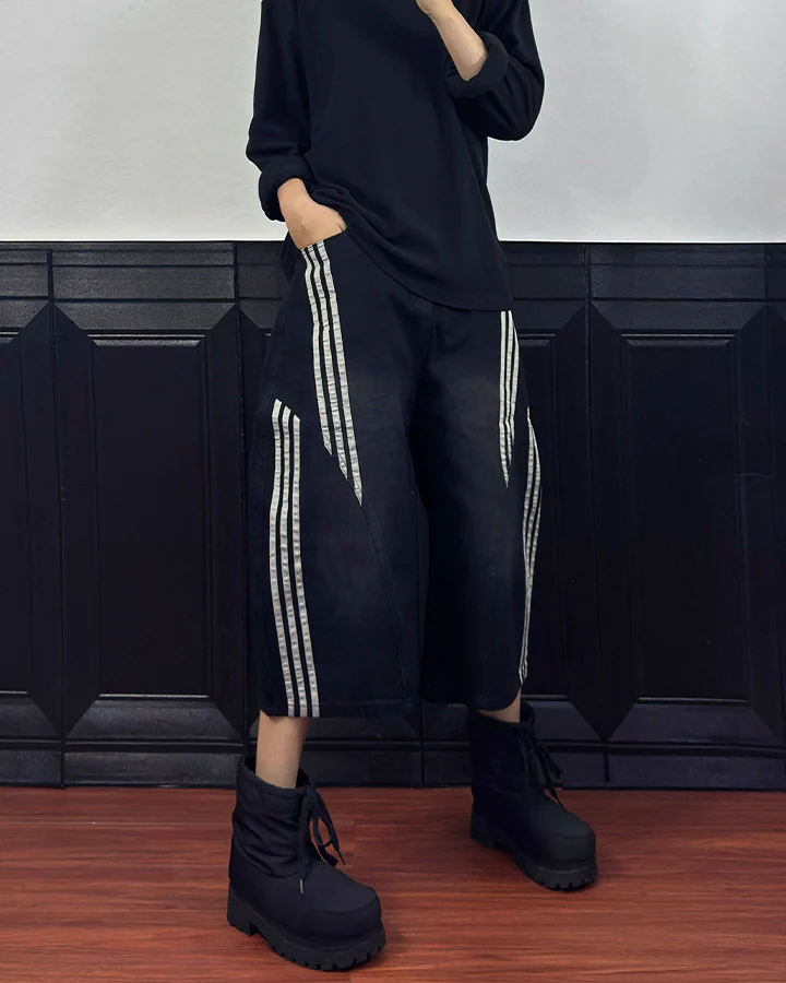 Side Stripe Panel Seven-Length Denim Pants - Image 3