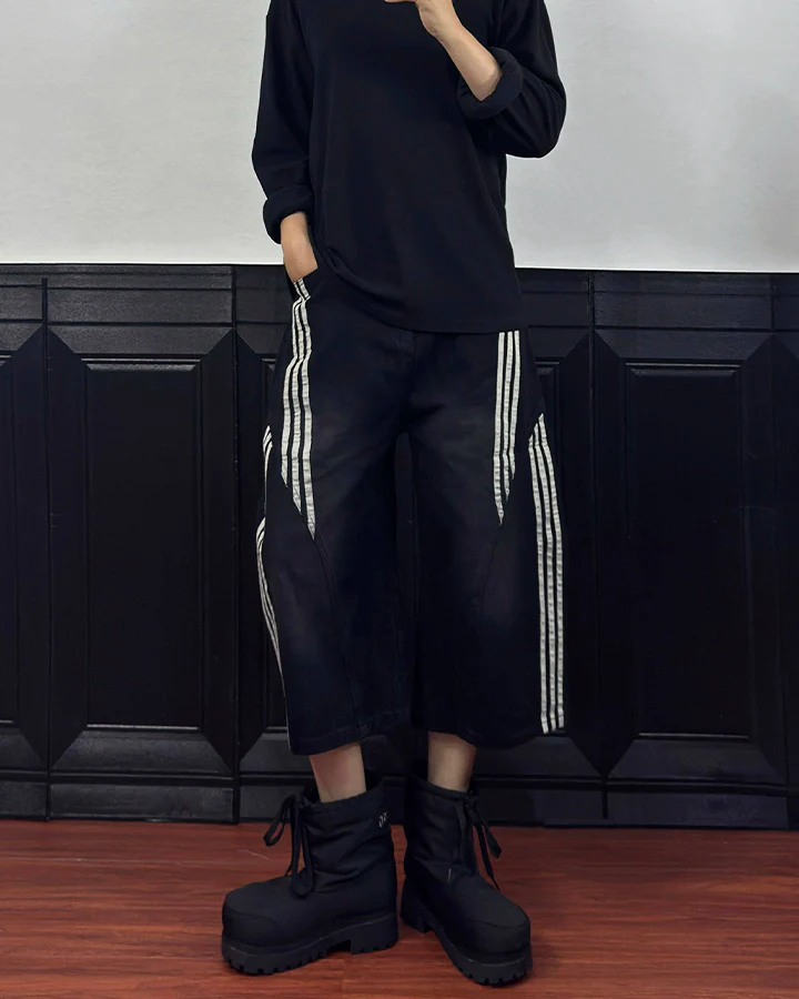Side Stripe Panel Seven-Length Denim Pants - Image 6