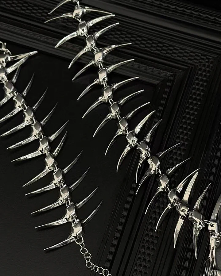 Silver Thorn Spike Fishbone Necklace - Image 3