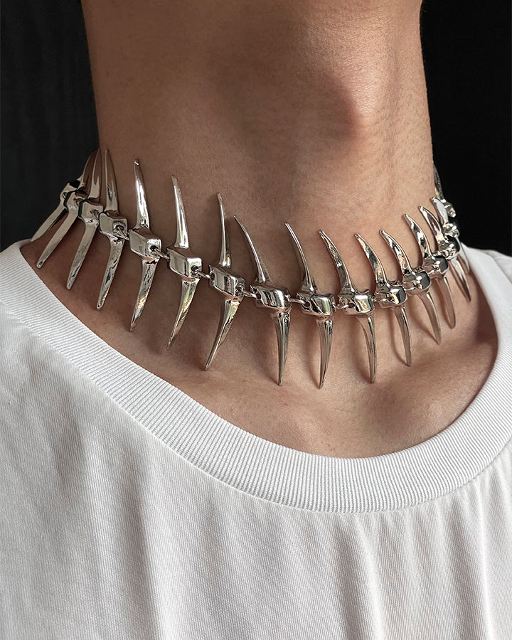 Silver Thorn Spike Fishbone Necklace - Image 4