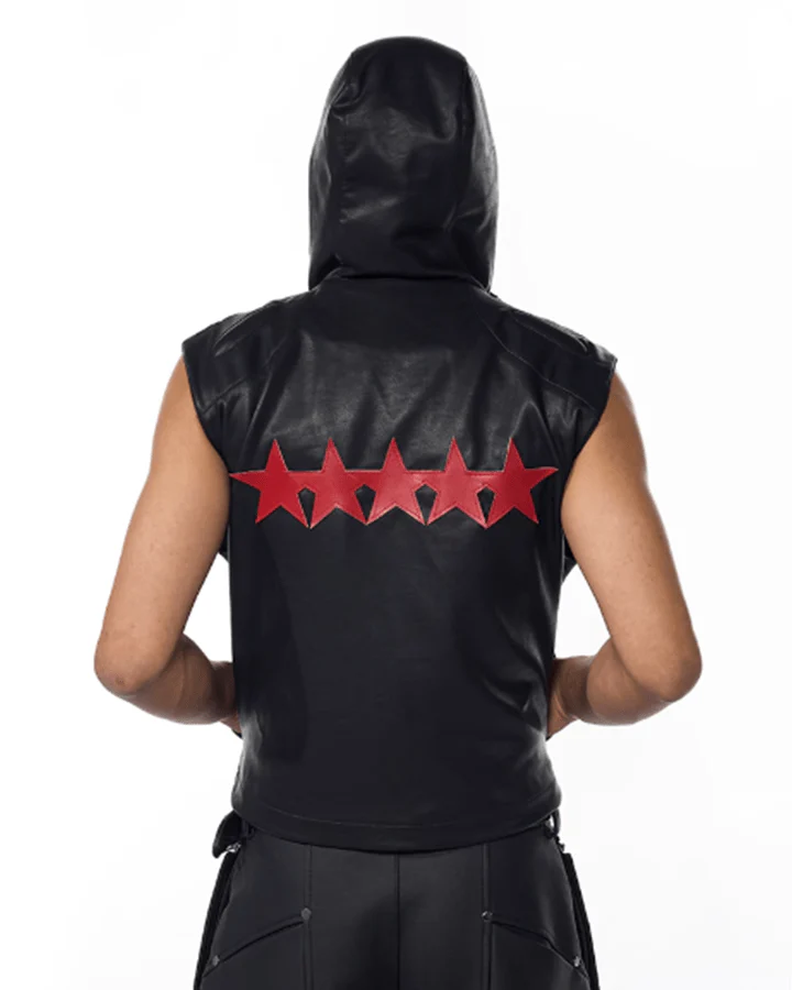 Hooded Faux Leather Sleeveless Vest with Tech Circle Detail - Image 2