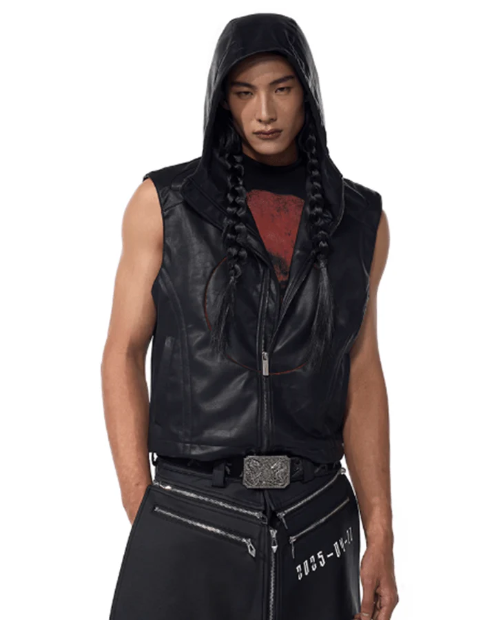 Hooded Faux Leather Sleeveless Vest with Tech Circle Detail - Image 3