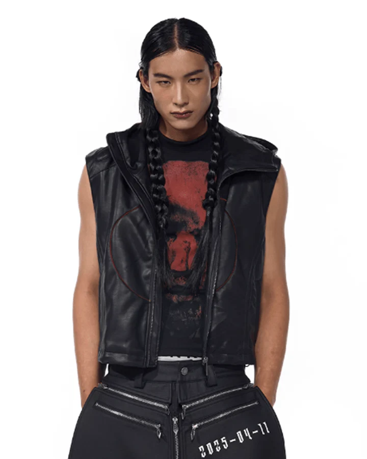Hooded Faux Leather Sleeveless Vest with Tech Circle Detail - Image 4