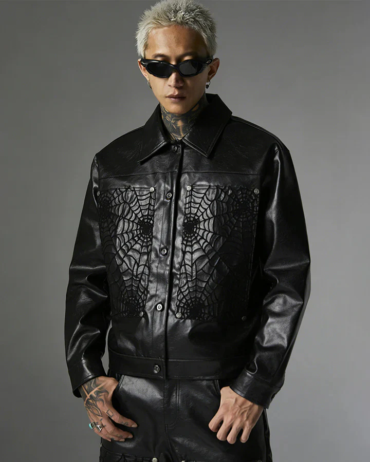 Faux Leather Jacket with Spiderweb Panels - Image 2