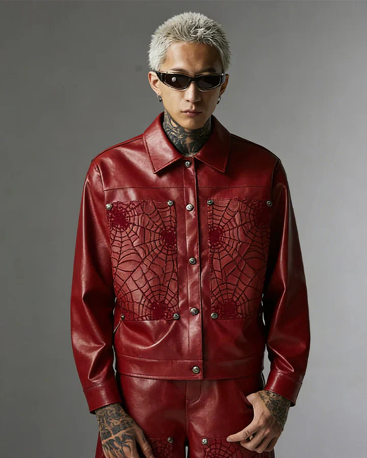 Faux Leather Jacket with Spiderweb Panels - Image 4