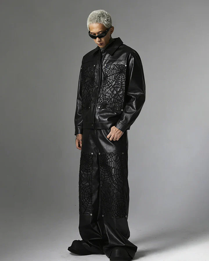 Faux Leather Jacket with Spiderweb Panels - Image 8