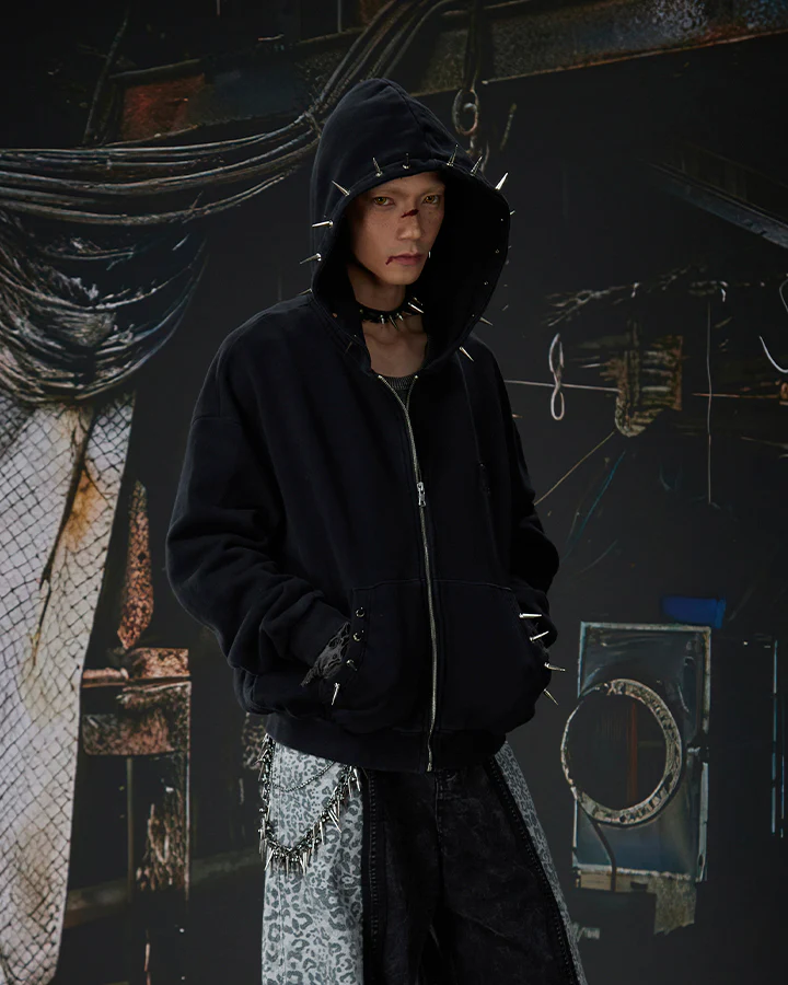 Spike Decor Zip-Up Hooded Sweatshirt - Image 5