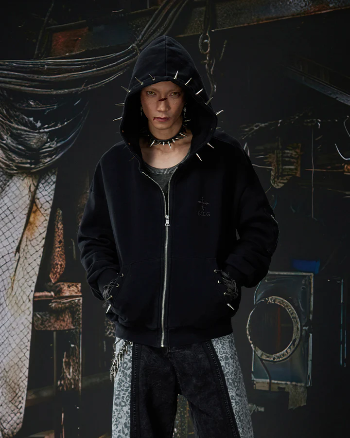 Spike Decor Zip-Up Hooded Sweatshirt - Image 7