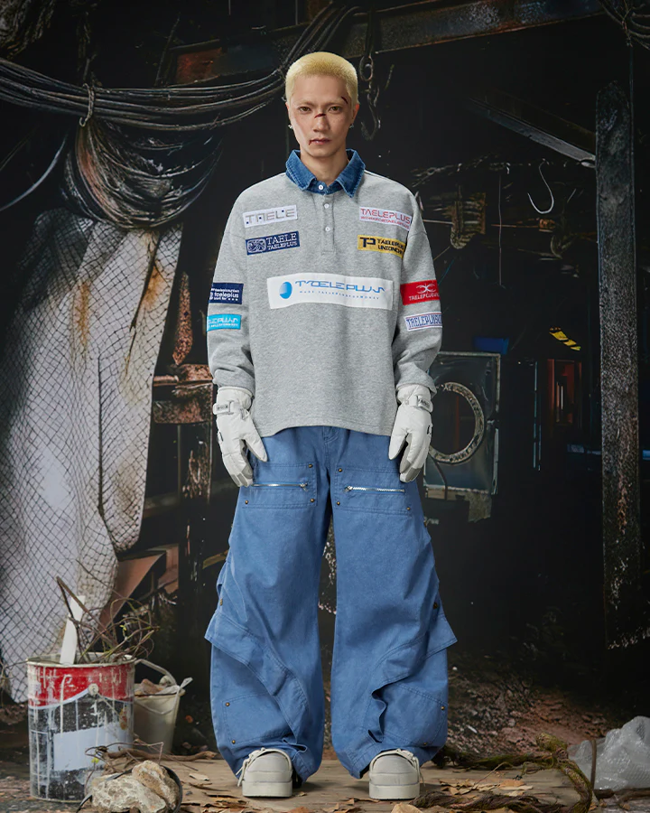 Spliced Metal-Detail Scimitar Denim Pants - Image 11