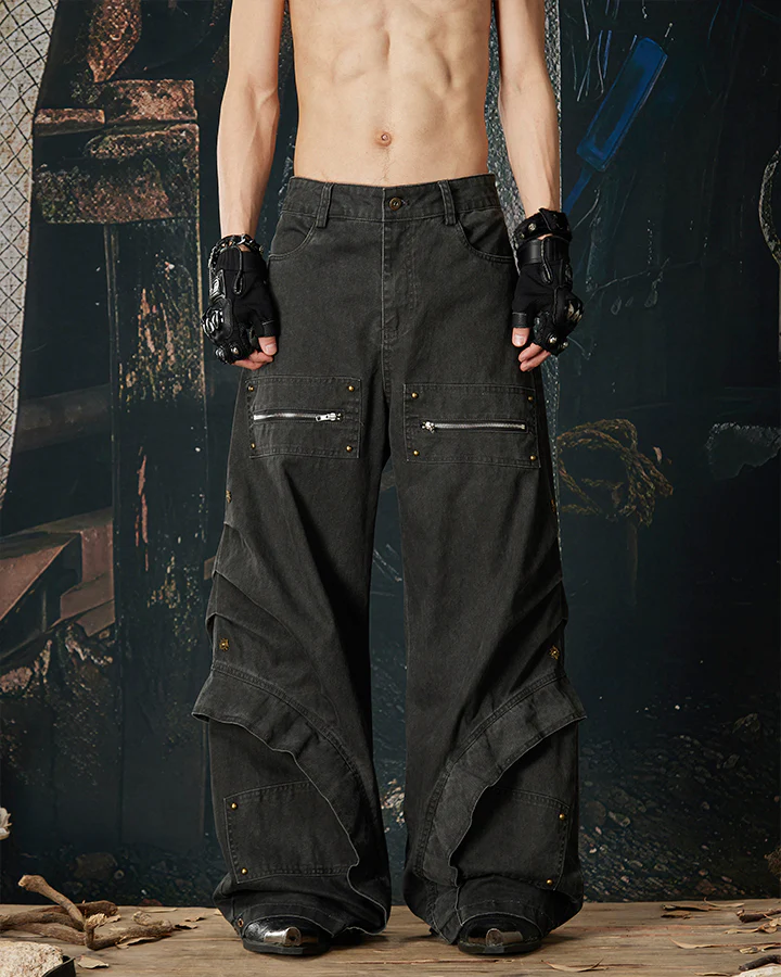 Spliced Metal-Detail Scimitar Denim Pants - Image 2