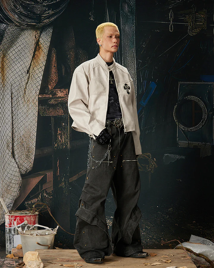 Spliced Metal-Detail Scimitar Denim Pants - Image 3