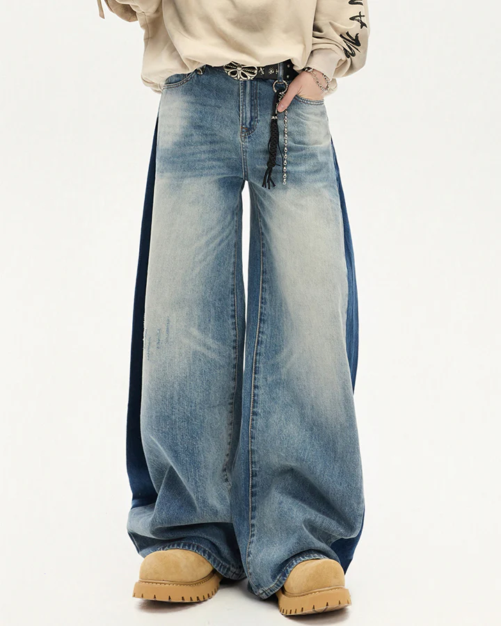 Spring Contrast Panel Wide-Leg Denim Jeans - Image 2