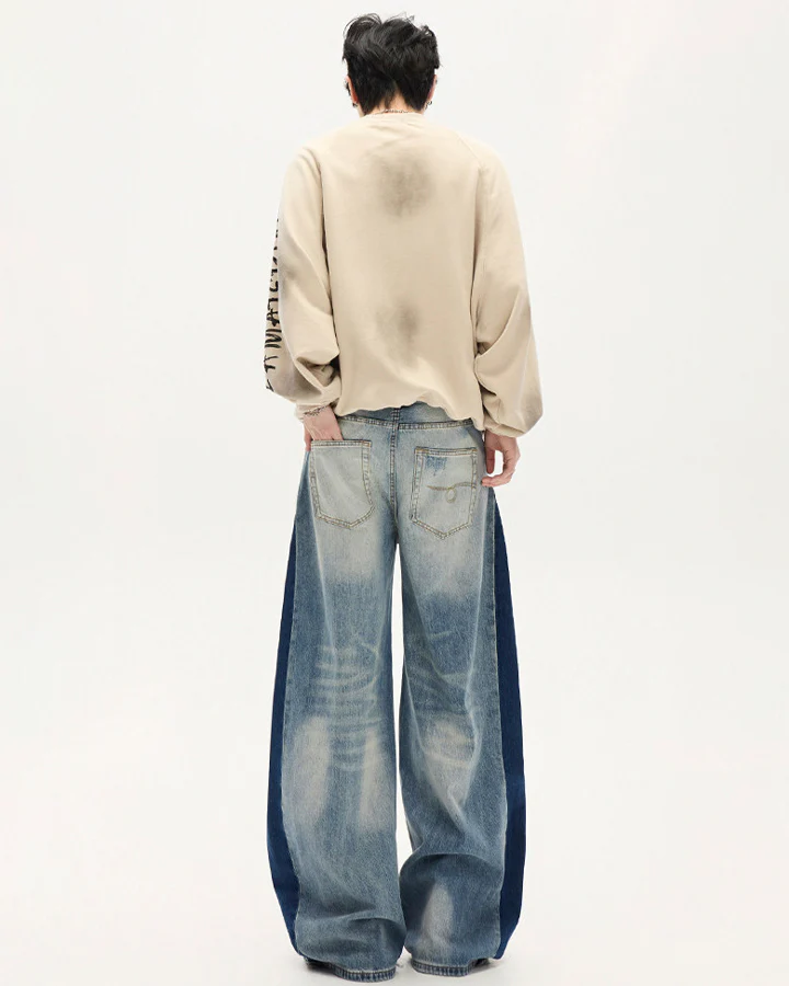 Spring Contrast Panel Wide-Leg Denim Jeans - Image 4