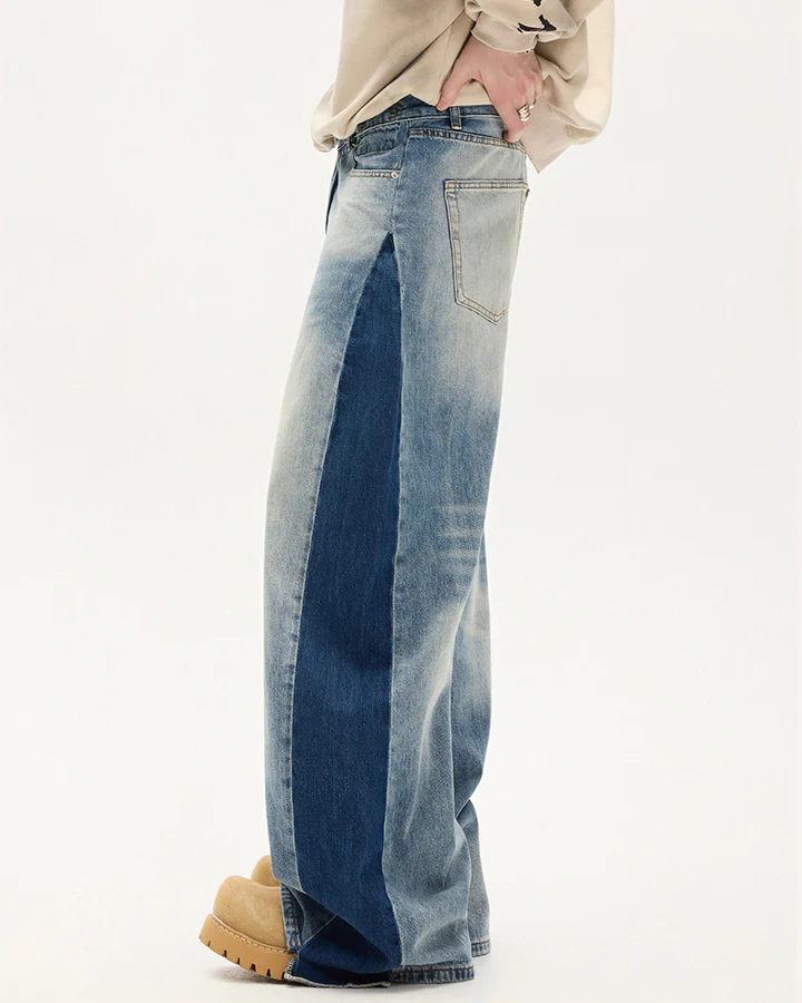 Spring Contrast Panel Wide-Leg Denim Jeans - Image 5