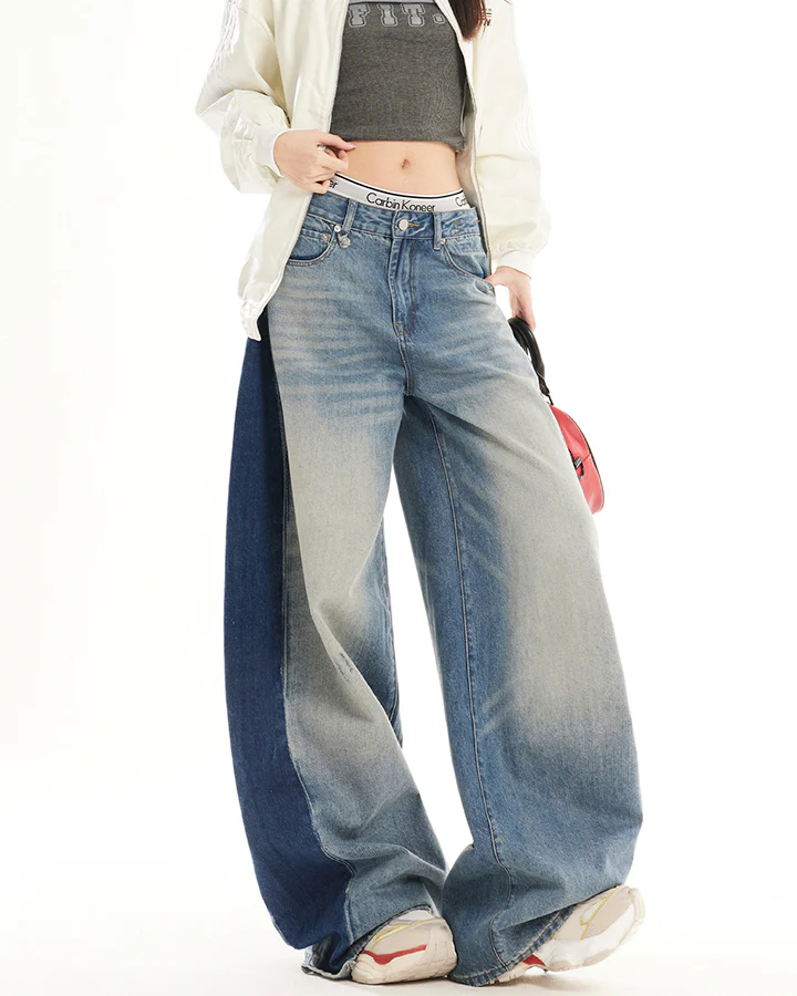 Spring Contrast Panel Wide-Leg Denim Jeans - Image 6