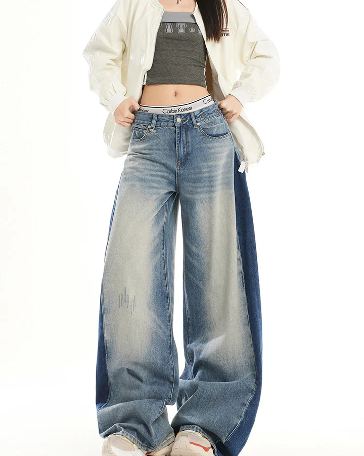 Spring Contrast Panel Wide-Leg Denim Jeans - Image 7