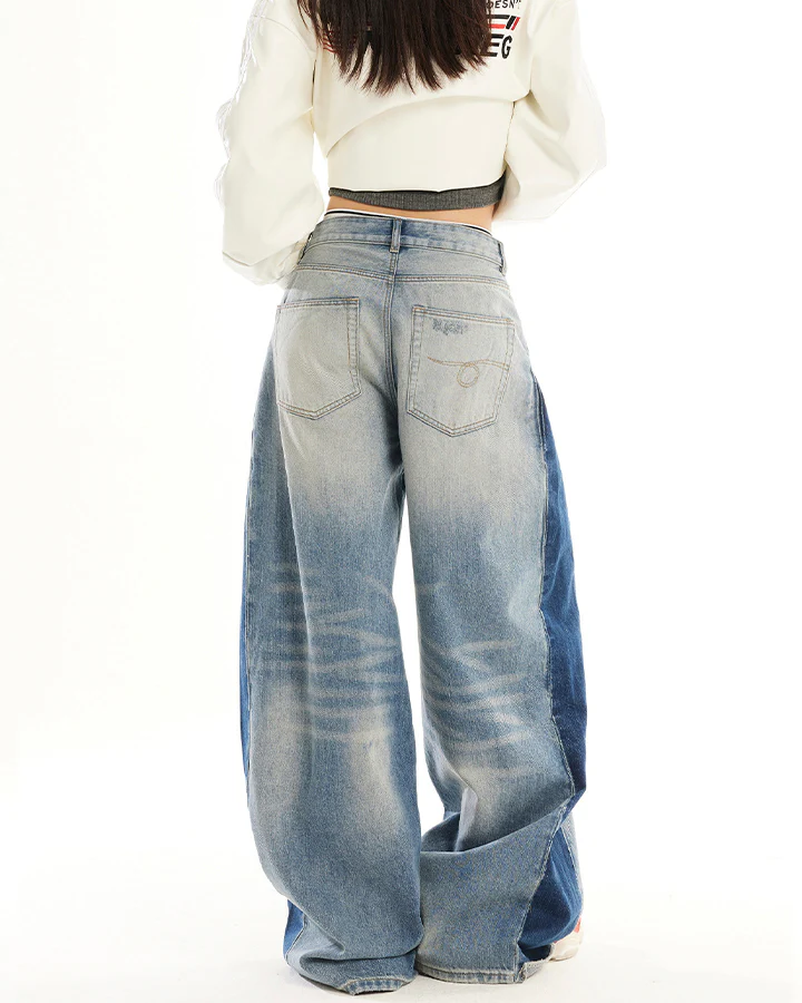 Spring Contrast Panel Wide-Leg Denim Jeans - Image 8