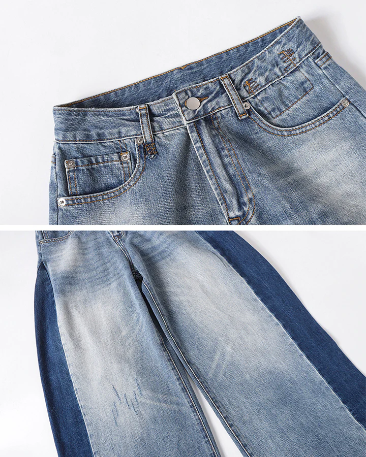Spring Contrast Panel Wide-Leg Denim Jeans - Image 9