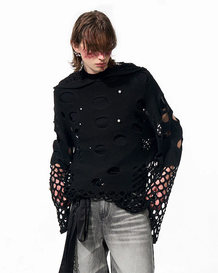 Spring Hollow Out Hoodie Knit Sweater - Image 2