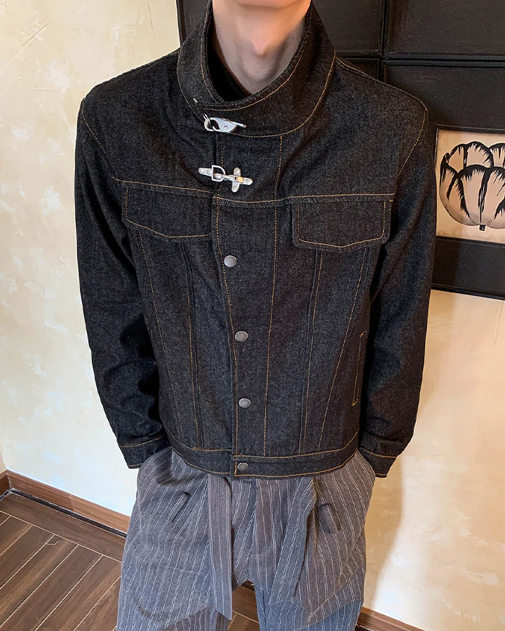 Stand Collar Buckle Denim Jacket - Image 2