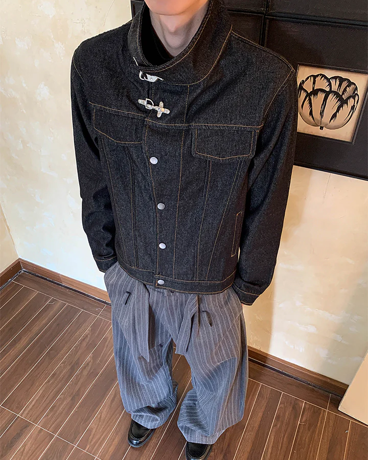 Stand Collar Buckle Denim Jacket - Image 3