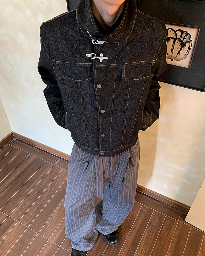Stand Collar Buckle Denim Jacket - Image 4
