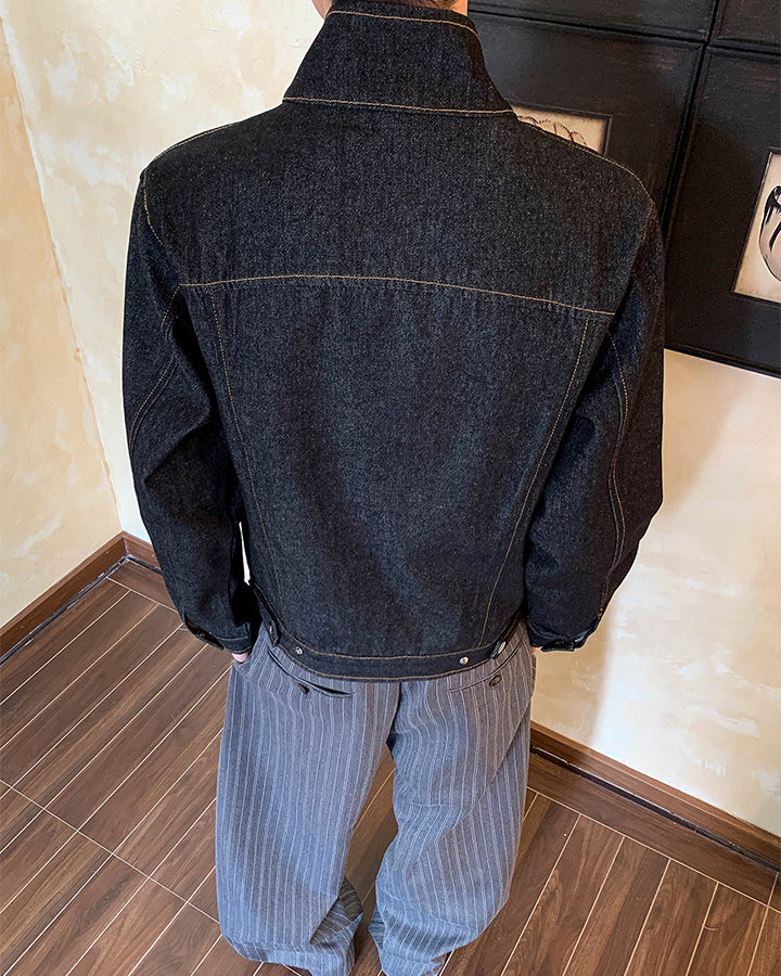 Stand Collar Buckle Denim Jacket - Image 6