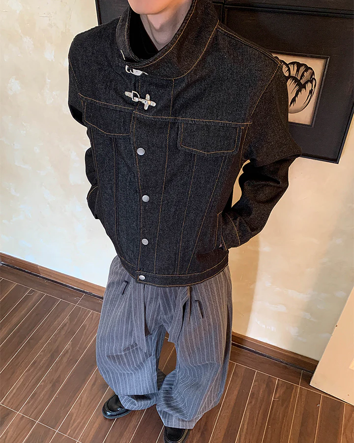 Stand Collar Buckle Denim Jacket - Image 7