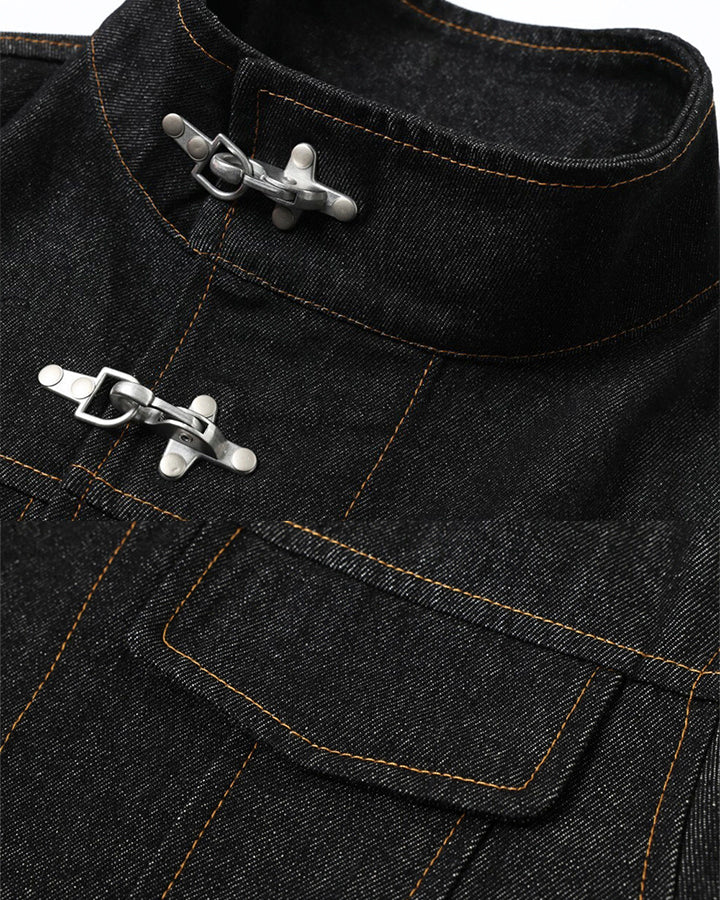 Stand Collar Buckle Denim Jacket - Image 8