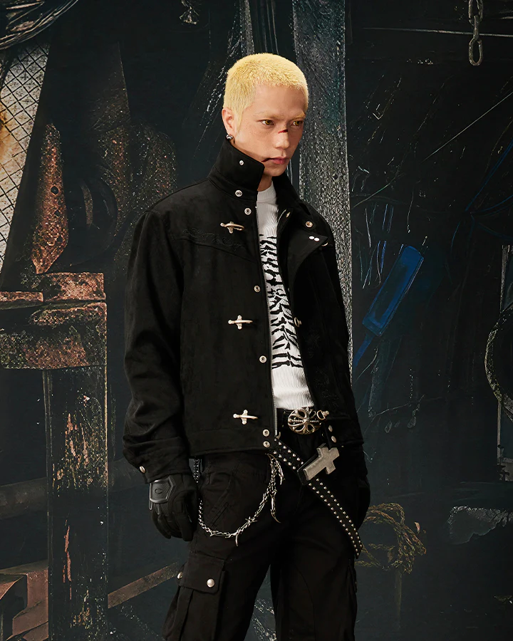 Stand Collar Buckle Embroidered Jacket - Image 3