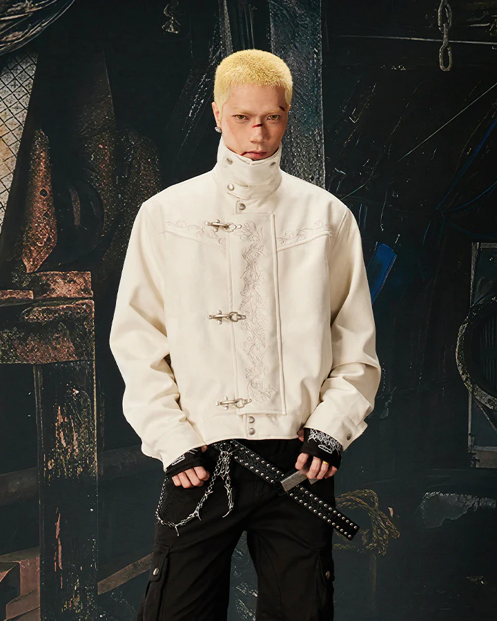 Stand Collar Buckle Embroidered Jacket - Image 5