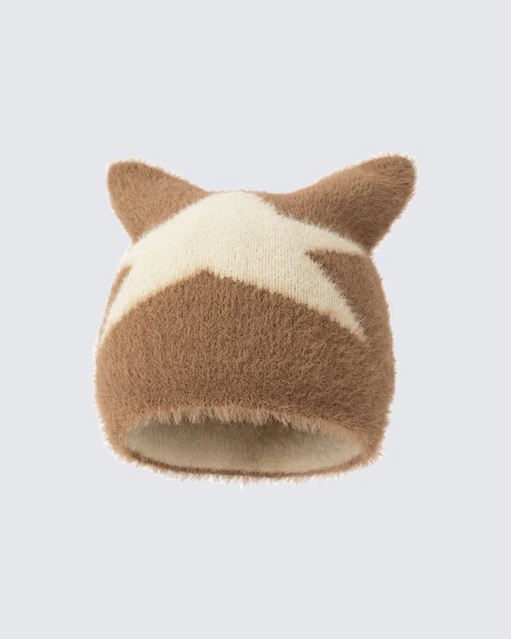 Star Pattern Cat Ears Knit Hat - Image 3