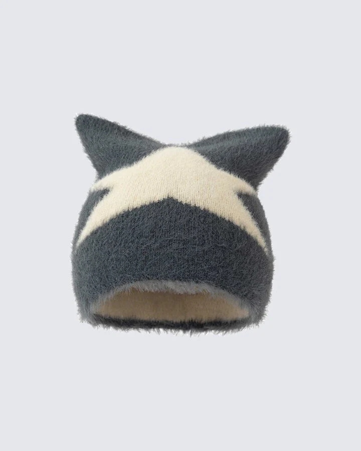 Star Pattern Cat Ears Knit Hat - Image 4