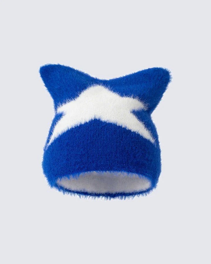 Star Pattern Cat Ears Knit Hat - Image 5
