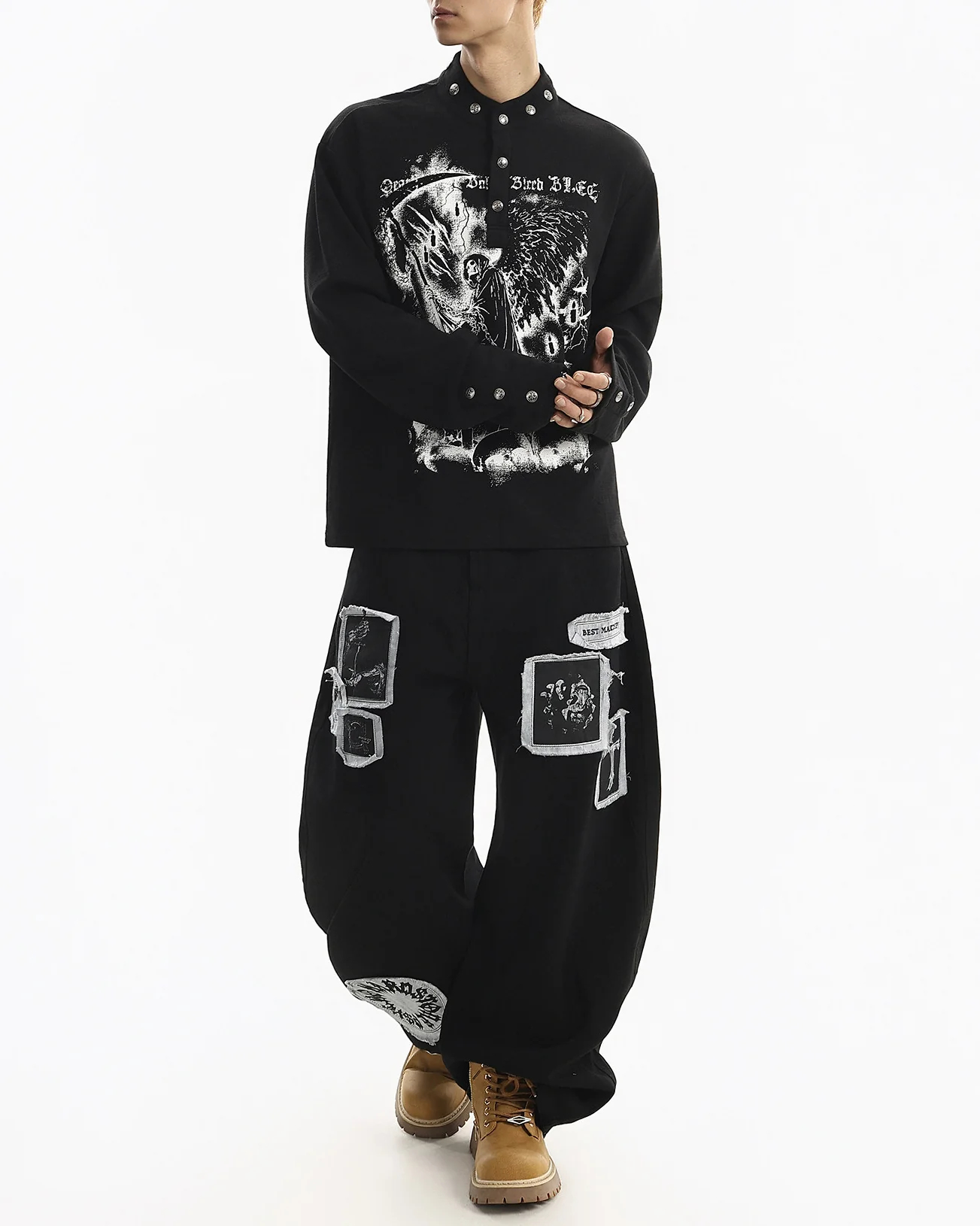Street Printed Stand Collar Long Sleeve Polo Shirt - Image 7